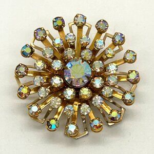 Vintage Aurora Borealis Brooch Gold-Tone Rivet Set 1960s Starburst Atomic 2 inch